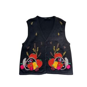 Vintage Women’s Fall Pumpkin Embroidered Knit Sweater Vest